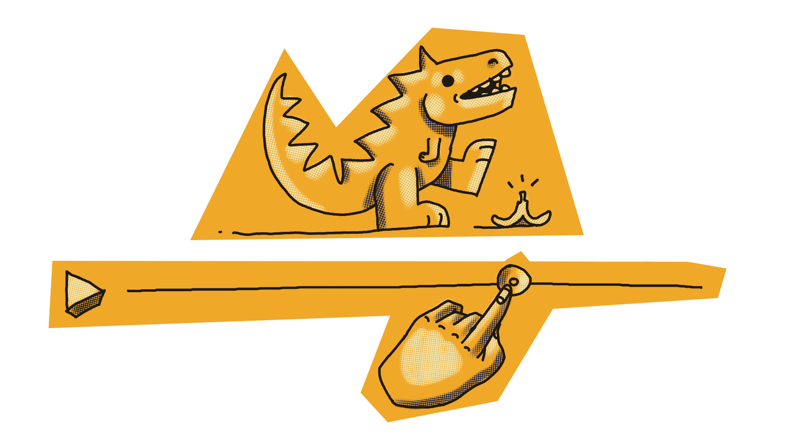 Image is of a cartoon dinosaur about to slip on a banana peel while a cartoon index finger controls a slider. This demonstrates the film and video post-production services that Melbourne based content agency and video production company Monster & Bear can provide to clients